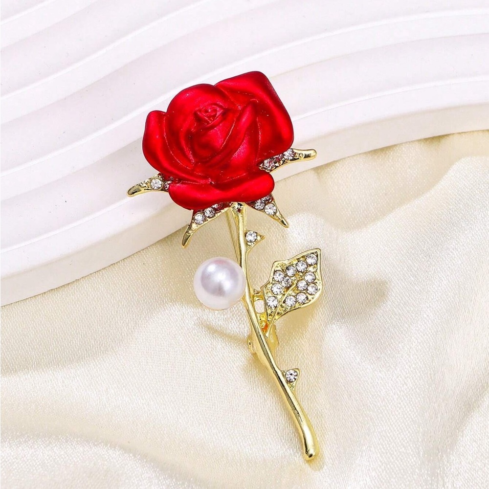 Elegant Red Rose Brooch with Pearl Accent